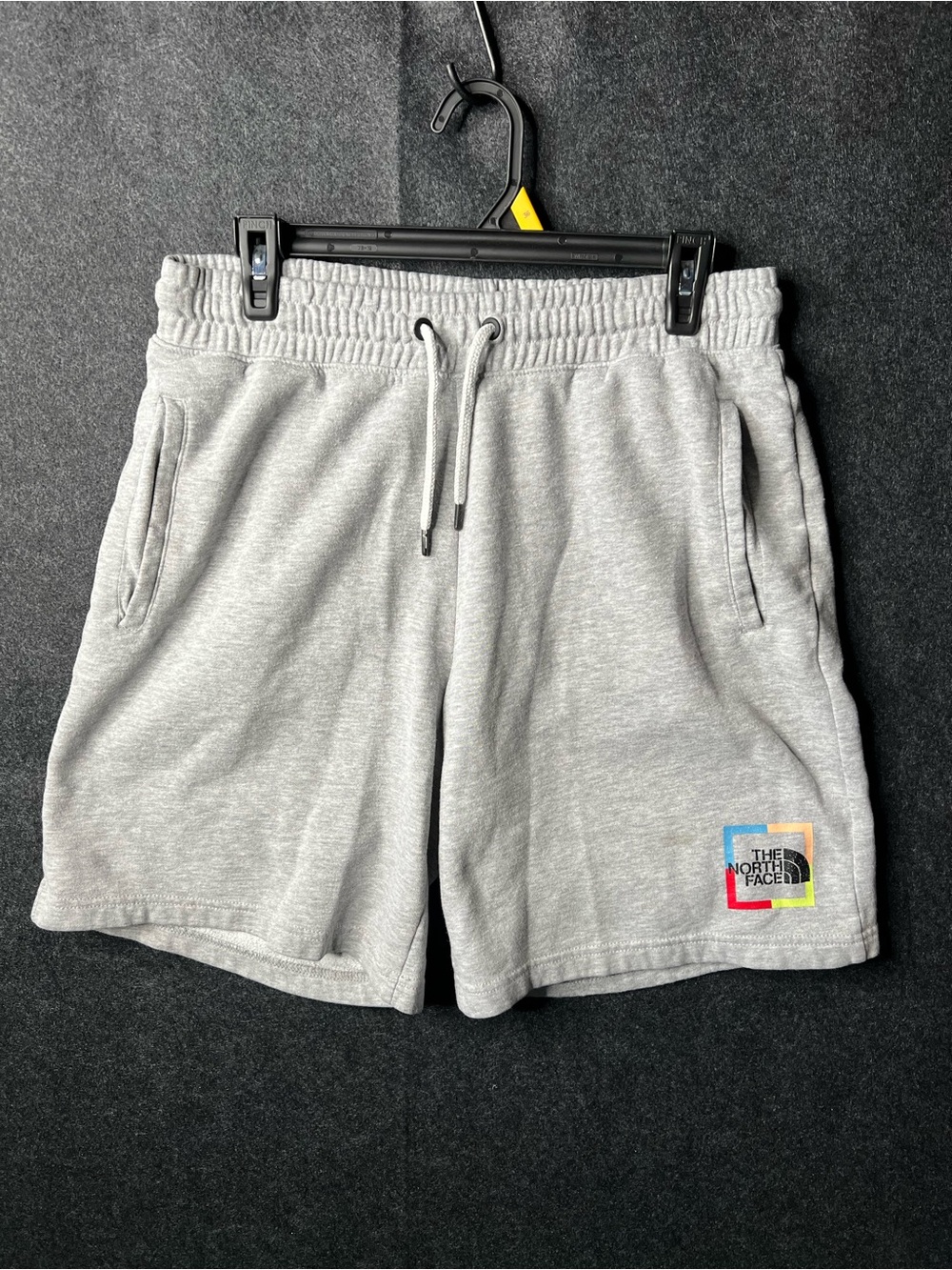 North Face Men’s Size M Grey Drawstring Fleece Shorts Rainbow-Bordered Logo